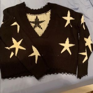 V neck black star sweater